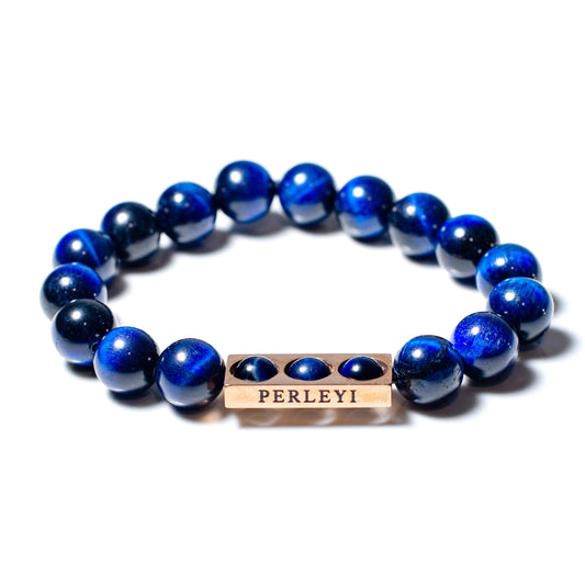 LOU-ANNE Bracelet en Perle Œil de Tigre Bleu 10mm